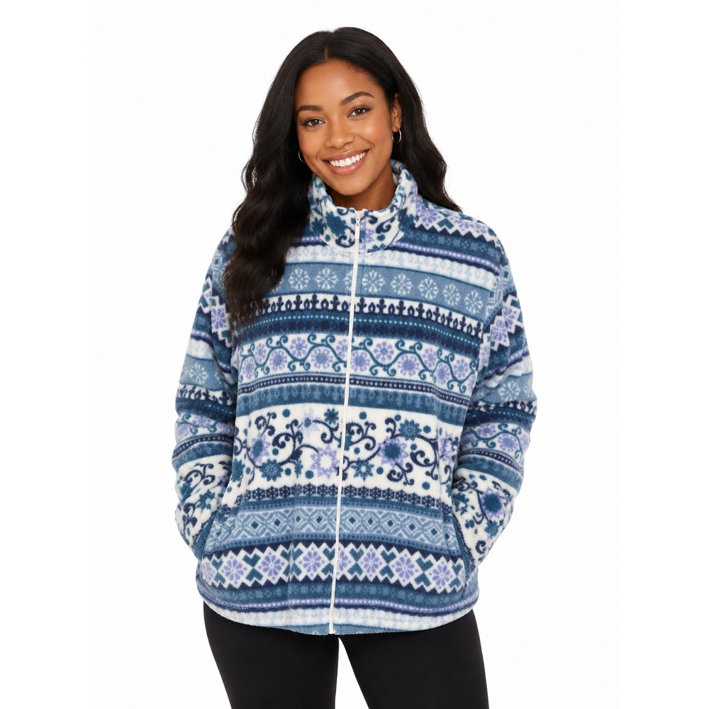 Alfred Dunner Blue Floral Fair Isle Fleece Zip Up Jacket Mock Neck, Vintage, XL